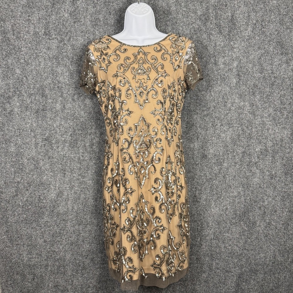 Adrianna‎ Papell Sz 2 Sequin Nude Color Lining Damask Mesh Sheath Cocktail Dress